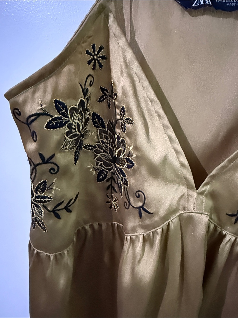 Zara Camel Satin Embroidered Spaghetti Strap Cami with Gold Thread - Picture 3 of 6